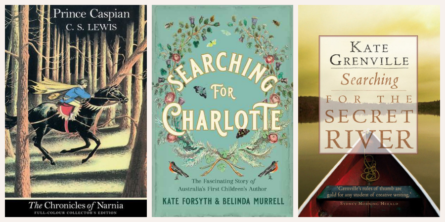 ID: Three book covers: Prince Caspian by CS Lewis, Searching for Charlotte by Kate Forsyth and Belinda Murrell and Searching for the Secret River by Kate Grenville